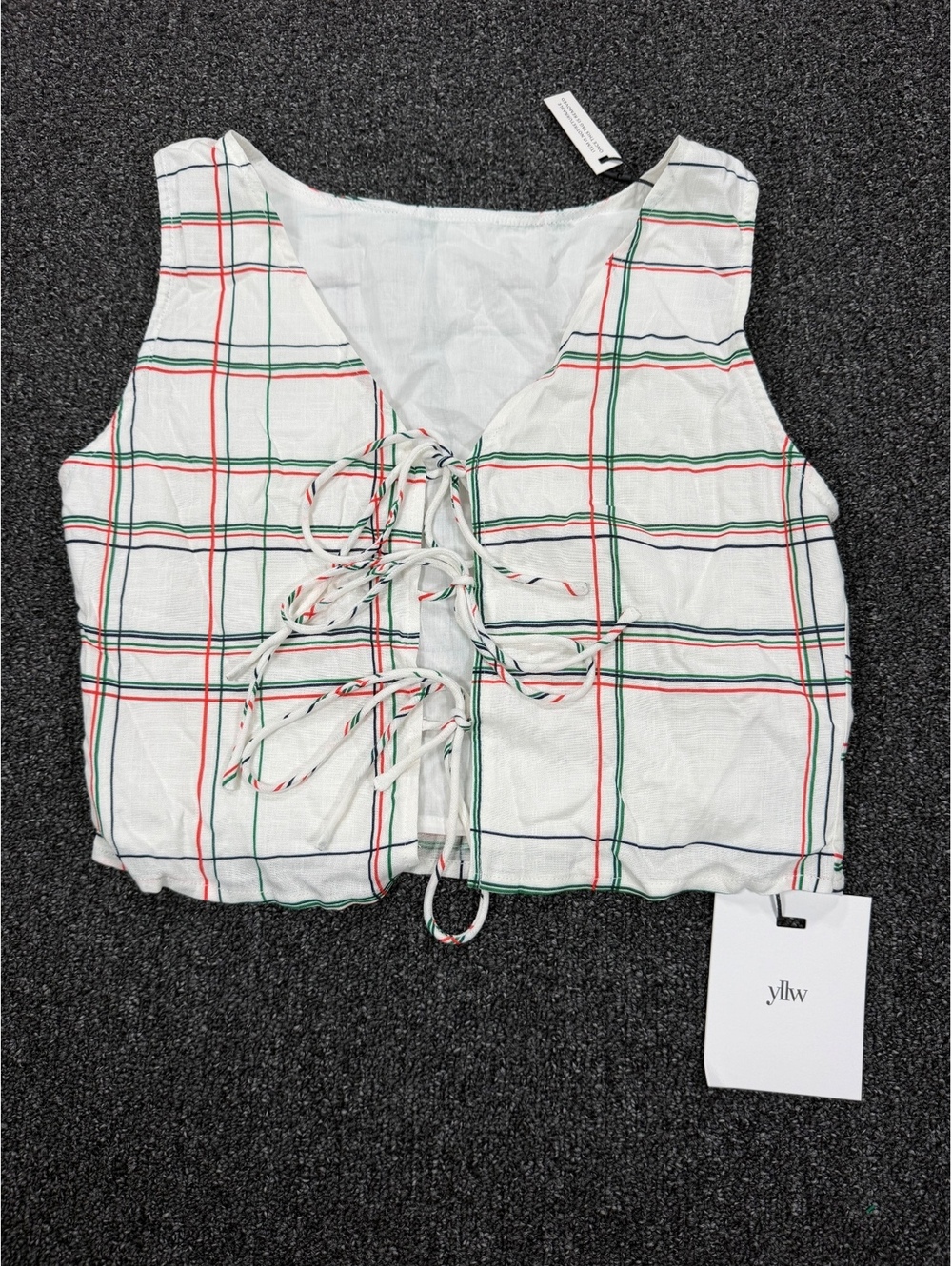 NWT Revolve Yllw White Linen Plaid Lace-Up Sleeveless Top Size Small